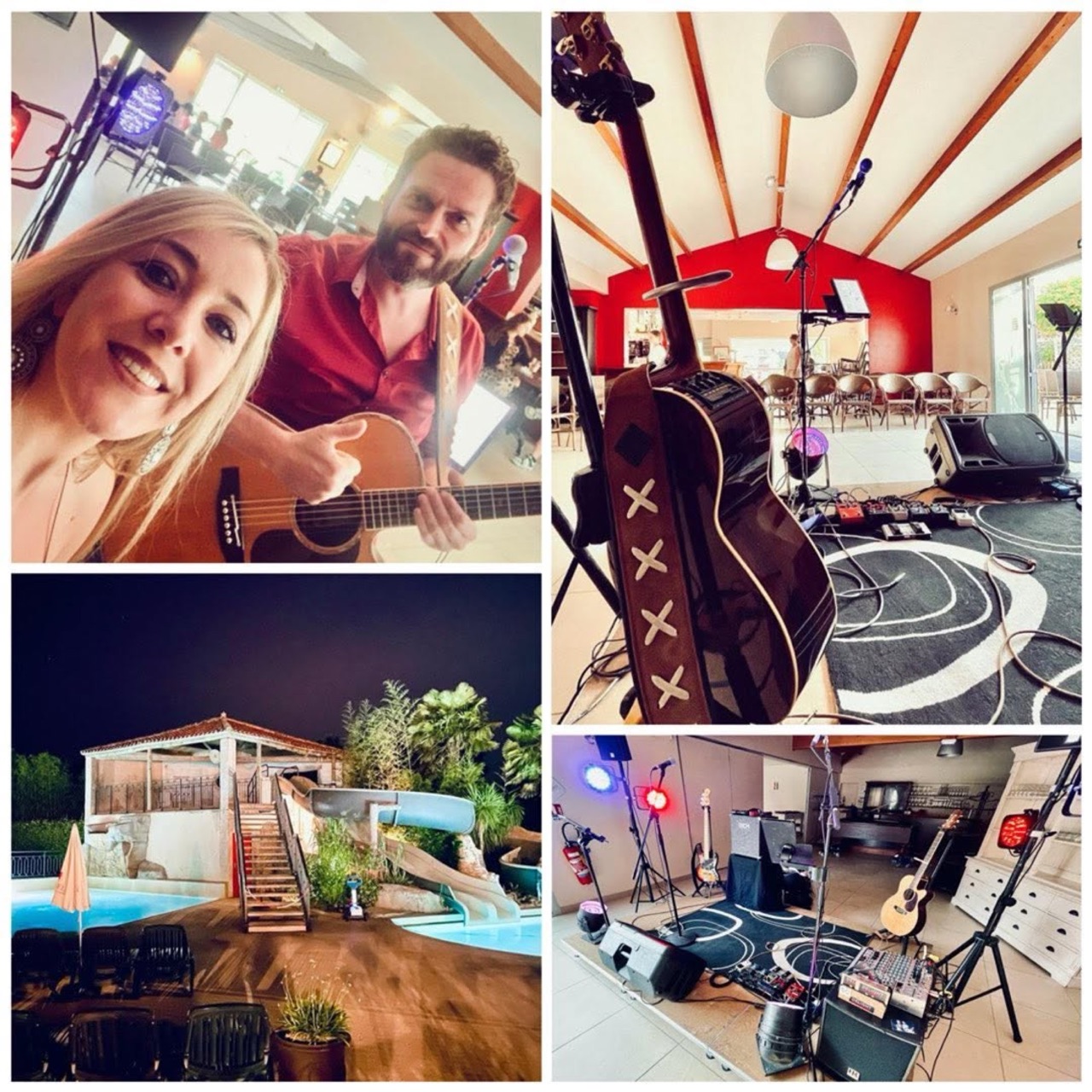 Collage : selfie, salle de concert et installation au bord d'une piscine